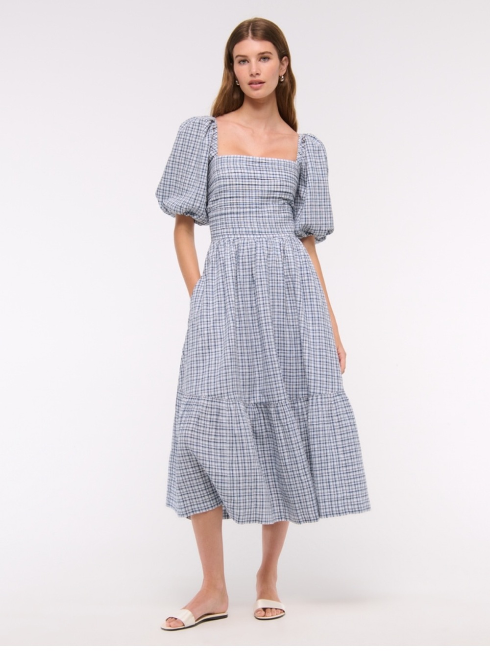 Abercrombie & Fitch Blue and White Checked Square Neck Puff Sleeve Midi Dress